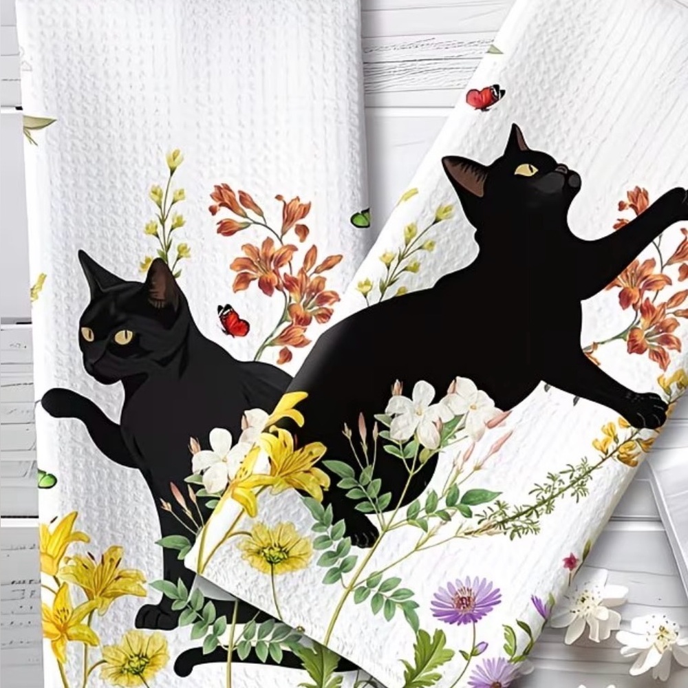 New 2pcs Black Cat Floral Print Towels cottagecore  Kitchen & Bathroom Towel